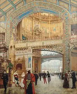 The new Gallery of Machines of the 1889 Exposition, again the largest building in the world, was decorated with colorful polychrome tiles.