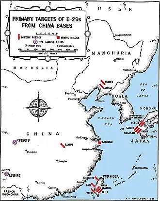 A black and white map cantered on Western China, Korea, Japan and Taiwan; it marks the bases for the B29 fighters in black and the locations they attacked in red