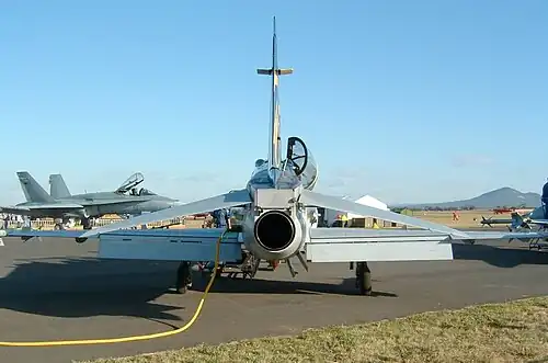 Hawk aircraft showing base area above circular engine exhaust