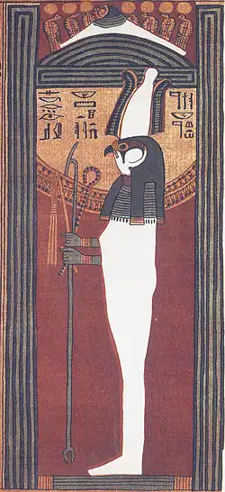 Facsimile of a vignette from the Papyrus of Ani, depicting Sokar-Osiris standing in a shrine.