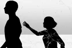 On the right a girl reaches out her arm for a male who is looking the other way, they are both black silhouettes. The girl has short hair and white squiggly lines in her body that condense near her heart and resemble lines seen on a black marble floor, and the male has a crew cut