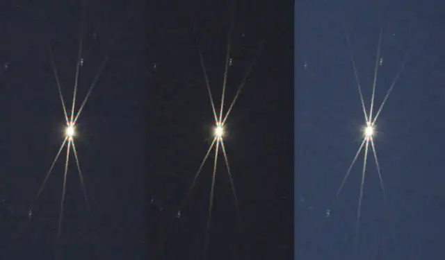 Example diffraction patterns produced by a Bahtinov mask (middle: in focus, left and right: slightly out of focus)