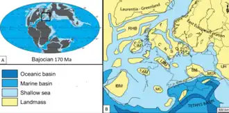 Map of Europe during the Middle Jurassic, overlain with modern country borders. The image shows Europe as a scattered archipelago of islands, with large areas of Western and Central Europe submerged by water