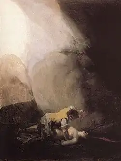 A bandit with a poised knife is sitting astride a naked woman.