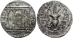 Bar Kokhba coin depicting the Temple in Jerusalem, a lulav, and the inscription "To the Freedom of Jerusalem"