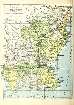 Barony map of County Wexford, 1900; Scarawalsh barony is in the north, coloured green.