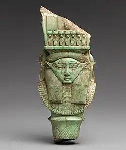 Sistrum decorated with a Hathor face; 664–332&nbsp;BC; faience; length: 15.5&nbsp;cm, width: 6.4&nbsp;cm; Metropolitan Museum of Art (New York City)