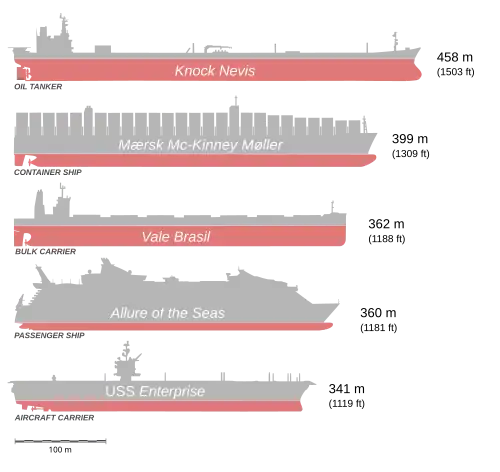 Size comparison of some of the longest ships. From top to bottom: Knock Nevis (ex-Seawise Giant), Maersk Mc-Kinney Møller, Vale Brasil, Allure of the Seas, and USS&nbsp;Enterprise&nbsp;(CVN-65)