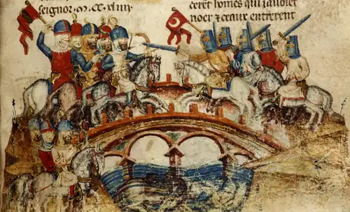 A depiction of the Battle of Mohi (1241) between Mongols on the left and Magyars on the right