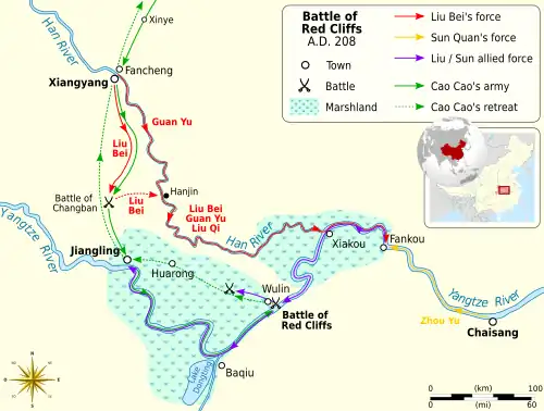 A map on a white background showing the Yangtze River and its tributary, the Han River, their juncture at Xiakou, all the major sites in the region, and the movements by the two armies which fought the battle