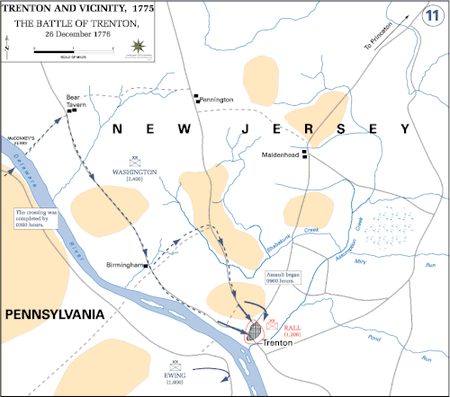 Map shows the movement of Washington's army to attack Trenton.