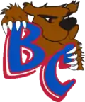 A brown bear is holding two blue letters (a 'B' and a 'C') with red outlines.