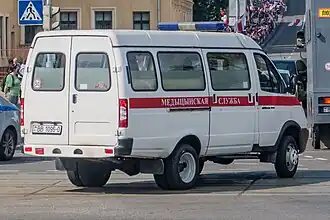 An ambulance-looking van with the registration plate of the Internal troops (BB-0)