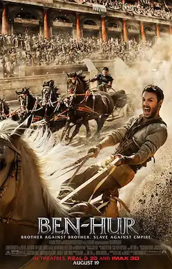 Ben-Hur rides on a chariot in a stadium, rivaling his brother, with the slogan "Brother Against Brother. Slave Against Empire."