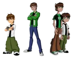 Ben Tennyson as depicted in (from left to right) Ben 10 (2005 TV series), Ben 10: Alien Force & Ben 10: Ultimate Alien, Ben 10: Omniverse
