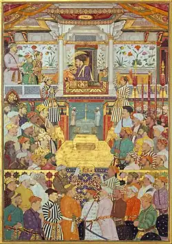 Padshahnama plate 10 : Shah Jahan receives his three eldest sons and Asaf Khan during his accession ceremonies (8 March 1628)