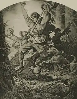 Combat ("Bój" (Cycle: Lituania, IV), posed: Grottger – in cap with feather, Tarnowski – with flag, and his brother-in-law Napoleon Sarnecki – with dogs.)[18][19]