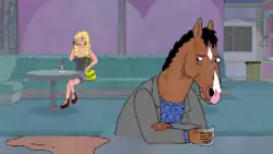 An anthropomorphic horse sits at a bar, glaring anxiously at a woman seated behind him.