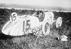 Burman's crashed Cutting racer, built by the Clark-Carter Automobile Company at the 1912 Indianapolis 500