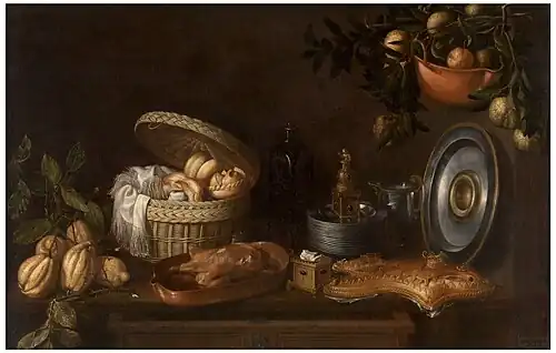 Baked food, metallic kitchenware, and fruits on branches. Still Life by Tomás Yepes; 1668, 102 × 157&nbsp;cm, Prado Museum.