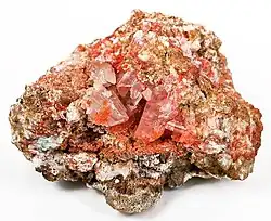 Bright, cherry-red gypsum crystals 2.5&nbsp;cm in height colored by rich inclusions of the rare mineral botryogen