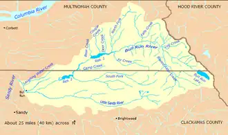 The Bull Run River watershed forms part of the western border of Hood River County, Oregon, on the east. The watershed tapers to the river's confluence with the Sandy River, on the west. The watershed is almost evenly divided between Clackamas County, on the south, and Multnomah County, on the north.