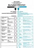 Ballot from the 2021 German federal election, using mixed-member proportional representation. Voters choose a candidate (left, in black) and a party (right, in blue).