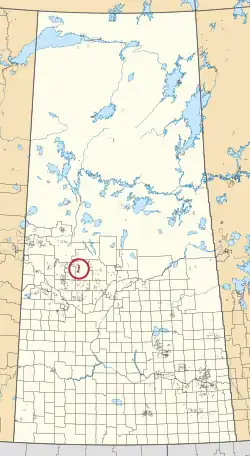 A map of the province of Saskatchewan showing 297 rural municipalities and hundreds of small Indian reserves. One is highlighted with a red circle.