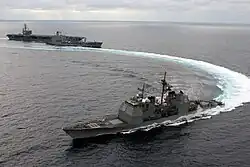 Lake Champlain conducting an emergency breakaway maneuver after completing an underway replenishment.