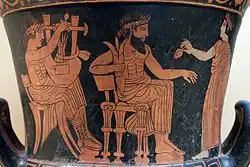 Olympian assembly, from left to right: Apollo, Zeus and Hera