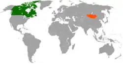 Map indicating locations of Canada and Mongolia