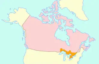 Map of Upper Canada (orange) within British North America (pink)