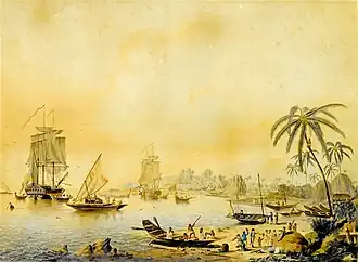 Two large wooden ships in a bay of Tahiti, with several Tahitian canoes