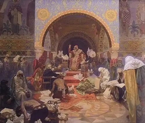 [[Alphonse Mucha]]'s The Slav Epic cycle No.4: Tsar Simeon I of Bulgaria (1923)