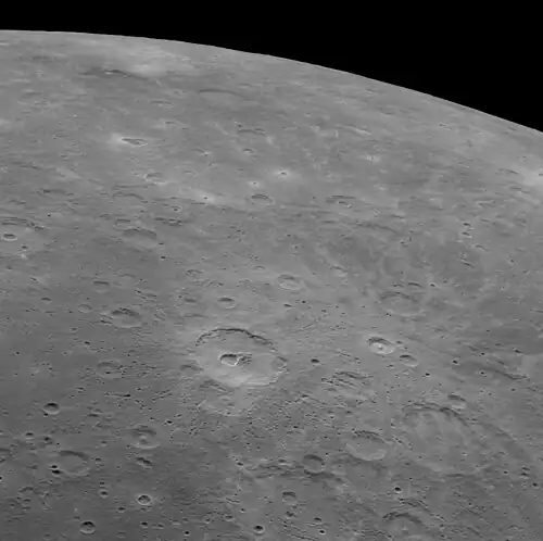 Oblique view of Carducci crater (below center) and Copley with bright rays