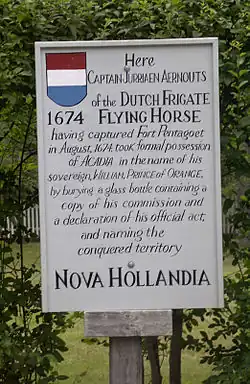 Image 5Marker commemorating the Dutch conquest of Acadia (1674), which they renamed New Holland. This is the spot where Jurriaen Aernoutsz buried a bottle at the capital of Acadia, Fort Pentagouet, Castine, Maine (from History of Maine)