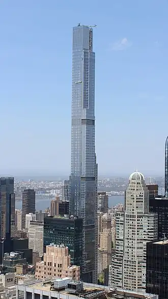 Central Park Tower as seen in April 2021, with several other skyscrapers surrounding it