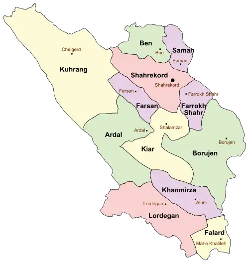Location of Ben County in&nbsp;Chaharmahal and Bakhtiari&nbsp;province (top, green)