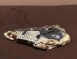 Opportunity images the empty lander, the Challenger Memorial Station