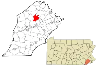 Location of Upper Uwchlan Township in Chester County, Pennsylvania (top) and of Chester County in Pennsylvania (below)