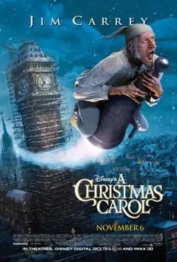 Film poster showing Ebenezer Scrooge (Carrey) flying past the Big Ben tower under construction.