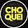 Logo icon of Choquei, depicting a black circle with a white edge with the account's name in large yellow sans-serif letters inscribed in the middle. The counters of the letters O and Q are stylised as chat bubbles.