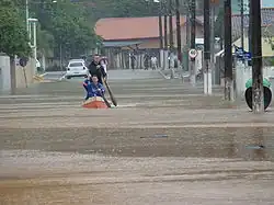 The picture shows a flooded road in the province of Santa Catarina, Brazil. Two people are on a canoe, rowing thought the waters. A row of palm tree trunks are on the right.