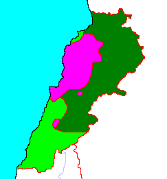 Image 28Map showing power balance in Lebanon, 1976: Dark Green – controlled by Syria; Purple – controlled by Maronite groups; Light Green – controlled by Palestinian militias (from History of Lebanon)