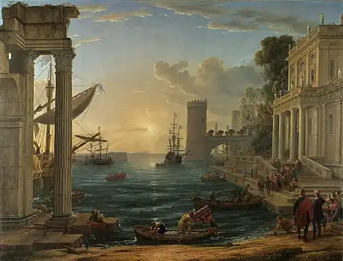 The Embarkation of the Queen of Sheba; by Claude Lorrain; 1648; oil on canvas; 149.1 × 196.7&nbsp;cm; National Gallery, London