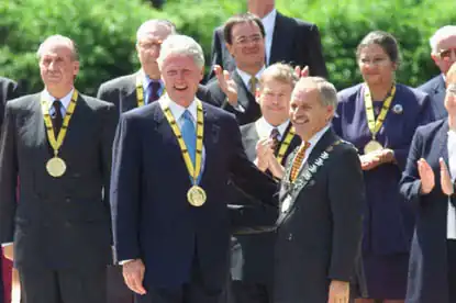 Bill Clinton, recipient in 2000, along with earlier recipients King Juan Carlos I of Spain, Václav Havel and Simone Veil