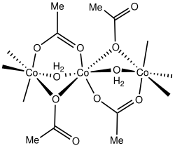 Segment of the Co(OAc)2(H2O) chain,[2] illustrating two modes for bridging carboxylate ligands.
