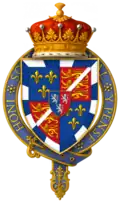 Arms of Sir Charles Somerset, 1st Earl of Worcester, KG, showing the arms of Beaufort with baton sinister, with escutcheon of pretence of Herbert, circumscribed by the Garter