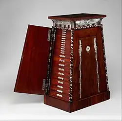 Egyptian Revival coin cabinet; by François-Honoré-Georges Jacob-Desmalter; 1809–1819; mahogany (probably Swietenia mahagoni), with applied and inlaid silver; 90.2 x 50.2 x 37.5&nbsp;cm; Metropolitan Museum of Art