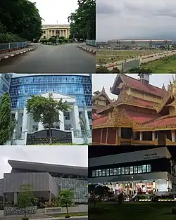Left: Mandalay University, Mandalay District Court, Mandalay Convention Center, Right: Mandalay Thiri Stadium, Mandalay Palace, Mandalay National Theater (all item from above to bottom)